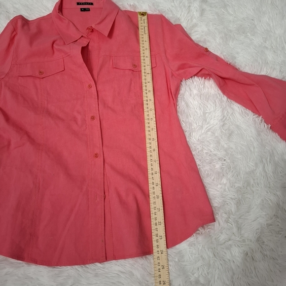 Theory Linen Blend Button Up Shirt Size XL Pink Roll Tab Sleeves Pockets - Picture 5 of 8